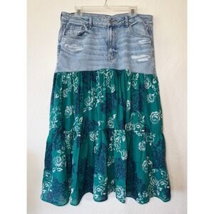 Reworked American Eagle Denim Boho Maxi Skirt Size 16 Plus Size Upcycled